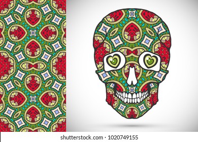 Day of The Dead colorful Sugar Skull with doodle ornament and decorative seamless floral geometric pattern. Hand drawn art background, tattoo, Halloween party card design, textile or paper print