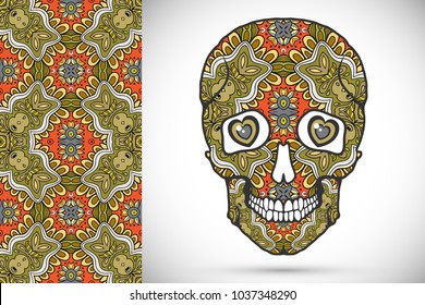 Day of The Dead colorful Sugar Skull with doodle ornament and decorative seamless floral geometric pattern. Hand drawn art background, tattoo, Halloween party card design, textile or paper print