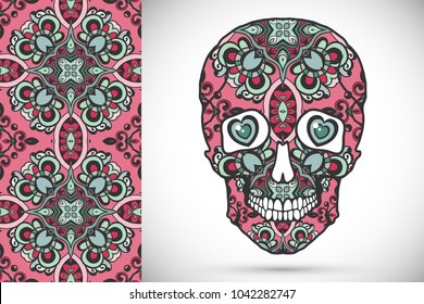 Day of The Dead colorful Sugar Skull with doodle ornament and decorative seamless floral geometric pattern. Hand drawn art background, tattoo, Halloween party card design, textile or paper print