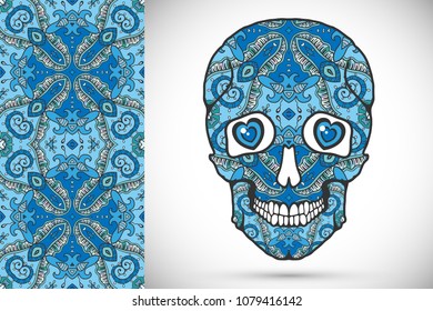 Day of The Dead colorful Sugar Skull with doodle ornament and decorative seamless floral geometric pattern. Hand drawn art background, tattoo, Halloween party card design, textile or paper print