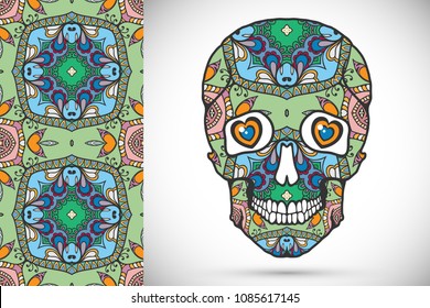 Day of The Dead colorful Sugar Skull with doodle ornament and decorative seamless floral geometric pattern. Hand drawn art background, tattoo, Halloween party card design, textile or paper print