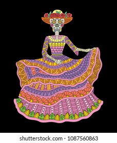 Day of The Dead colorful Sugar Skull Bride Dancing with hat.Flowers Patterns on dress Design elements label, emblem, poster, t-shirt. Vector illustration