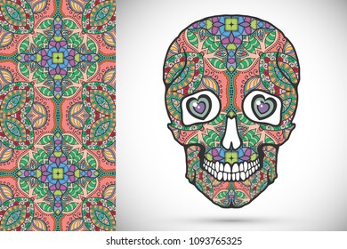 Day of The Dead colorful Sugar Skull with doodle ornament and decorative seamless floral geometric pattern. Hand drawn art background, tattoo, Halloween party card design, textile or paper print