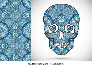 Day of The Dead colorful Sugar Skull with doodle ornament and decorative seamless floral geometric pattern. Hand drawn art background, tattoo, Halloween party card design, textile or paper print