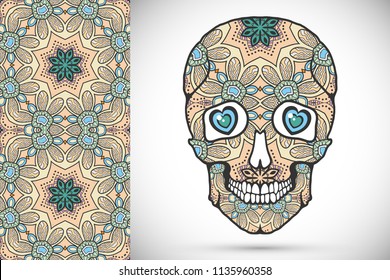 Day of The Dead colorful Sugar Skull with doodle ornament and decorative seamless floral geometric pattern. Hand drawn art background, tattoo, Halloween party card design, textile or paper print