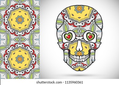 Day of The Dead colorful Sugar Skull with doodle ornament and decorative seamless floral geometric pattern. Hand drawn art background, tattoo, Halloween party card design, textile or paper print