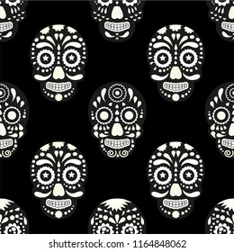 Day of The Dead colorful sugar skull with floral ornament and flower seamless pattern. Dia de los muertos, the skull pattern is made in bright colors, colorful skulls for the holiday of the dead