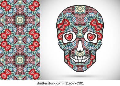 Day of The Dead colorful Sugar Skull with doodle ornament and decorative seamless floral geometric pattern. Hand drawn art background, tattoo, Halloween party card design, textile or paper print
