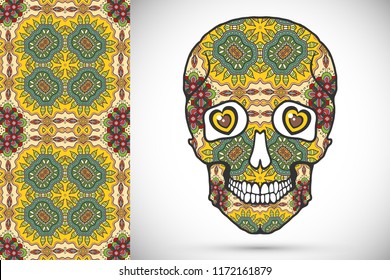 Day of The Dead colorful Sugar Skull with doodle ornament and decorative seamless floral geometric pattern. Hand drawn art background, tattoo, Halloween party card design, textile or paper print