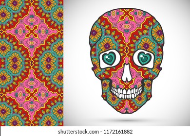 Day of The Dead colorful Sugar Skull with doodle ornament and decorative seamless floral geometric pattern. Hand drawn art background, tattoo, Halloween party card design, textile or paper print
