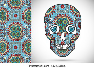 Day of The Dead colorful Sugar Skull with doodle ornament and decorative seamless floral geometric pattern. Hand drawn art background, tattoo, Halloween party card design, textile or paper print