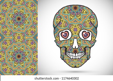 Day of The Dead colorful Sugar Skull with doodle ornament and decorative seamless floral geometric pattern. Hand drawn art background, tattoo, Halloween party card design, textile or paper print