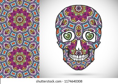Day of The Dead colorful Sugar Skull with doodle ornament and decorative seamless floral geometric pattern. Hand drawn art background, tattoo, Halloween party card design, textile or paper print