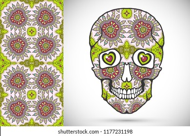Day of The Dead colorful Sugar Skull with doodle ornament and decorative seamless floral geometric pattern. Hand drawn art background, tattoo, Halloween party card design, textile or paper print