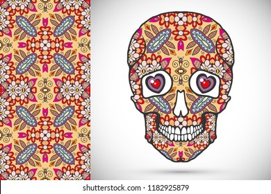 Day of The Dead colorful Sugar Skull with doodle ornament and decorative seamless floral geometric pattern. Hand drawn art background, tattoo, Halloween party card design, textile or paper print