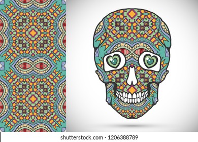 Day of The Dead colorful Sugar Skull with doodle ornament and decorative seamless floral geometric pattern. Hand drawn art background, tattoo, Halloween party card design, textile or paper print