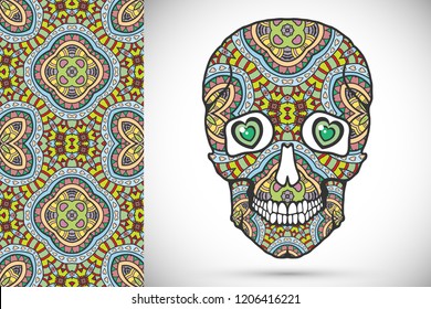 Day of The Dead colorful Sugar Skull with doodle ornament and decorative seamless floral geometric pattern. Hand drawn art background, tattoo, Halloween party card design, textile or paper print