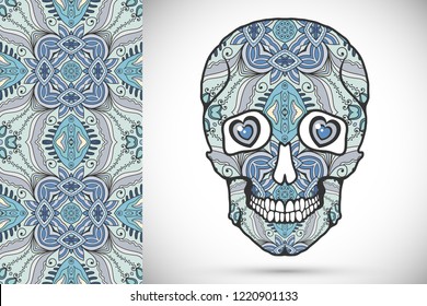 Day of The Dead colorful Sugar Skull with doodle ornament and decorative seamless floral geometric pattern. Hand drawn art background, tattoo, Halloween party card design, textile or paper print