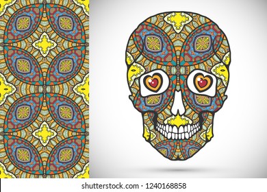 Day of The Dead colorful Sugar Skull with doodle ornament and decorative seamless floral geometric pattern. Hand drawn art background, tattoo, Halloween party card design, textile or paper print