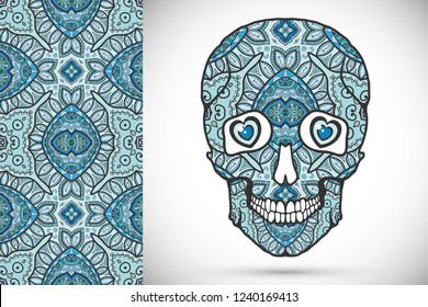 Day of The Dead colorful Sugar Skull with doodle ornament and decorative seamless floral geometric pattern. Hand drawn art background, tattoo, Halloween party card design, textile or paper print