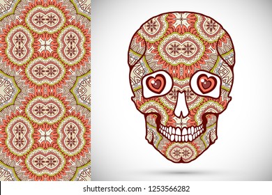 Day of The Dead colorful Sugar Skull with doodle ornament and decorative seamless floral geometric pattern. Hand drawn art background, tattoo, Halloween party card design, textile or paper print
