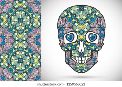 Day of The Dead colorful Sugar Skull with doodle ornament and decorative seamless floral geometric pattern. Hand drawn art background, tattoo, Halloween party card design, textile or paper print