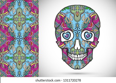 Day of The Dead colorful Sugar Skull with doodle ornament and decorative seamless floral geometric pattern. Hand drawn art background, tattoo, Halloween party card design, textile or paper print