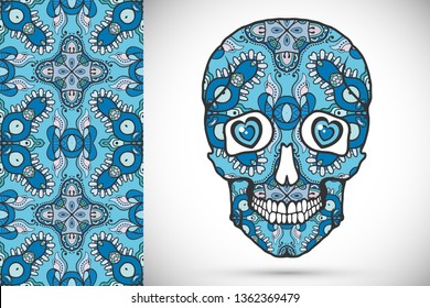 Day of The Dead colorful Sugar Skull with doodle ornament and decorative seamless floral geometric pattern. Hand drawn art background, tattoo, Halloween party card design, textile or paper print