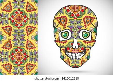 Day of The Dead colorful Sugar Skull with doodle ornament and decorative seamless floral geometric pattern. Hand drawn art background, tattoo, Halloween party card design, textile or paper print