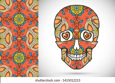 Day of The Dead colorful Sugar Skull with doodle ornament and decorative seamless floral geometric pattern. Hand drawn art background, tattoo, Halloween party card design, textile or paper print