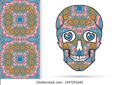 Day of The Dead colorful Sugar Skull with doodle ornament and decorative seamless floral geometric pattern. Hand drawn art background, tattoo, Halloween party card design, textile or paper print