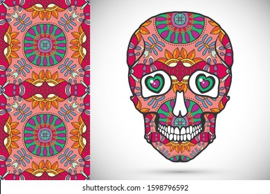 Day of The Dead colorful Sugar Skull with doodle ornament and decorative seamless floral geometric pattern. Hand drawn art background, tattoo, Halloween party card design, textile or paper print