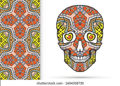 Day of The Dead colorful Sugar Skull with doodle ornament and decorative seamless floral geometric pattern. Hand drawn art background, tattoo, Halloween party card design, textile or paper print