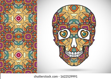 Day of The Dead colorful Sugar Skull with doodle ornament and decorative seamless floral geometric pattern. Hand drawn art background, tattoo, Halloween party card design, textile or paper print