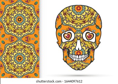 Day of The Dead colorful Sugar Skull with doodle ornament and decorative seamless floral geometric pattern. Hand drawn art background, tattoo, Halloween party card design, textile or paper print