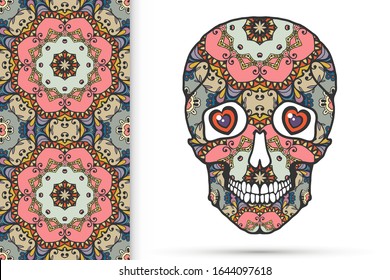 Day of The Dead colorful Sugar Skull with doodle ornament and decorative seamless floral geometric pattern. Hand drawn art background, tattoo, Halloween party card design, textile or paper print