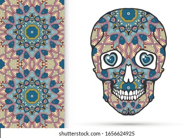 Day of The Dead colorful Sugar Skull with doodle ornament and decorative seamless floral geometric pattern. Hand drawn art background, tattoo, Halloween party card design, textile or paper print