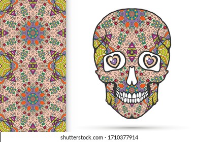 Day of The Dead colorful Sugar Skull with doodle ornament and decorative seamless floral geometric pattern. Hand drawn art background, tattoo, Halloween party card design, textile or paper print