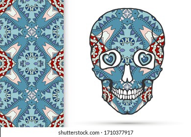 Day of The Dead colorful Sugar Skull with doodle ornament and decorative seamless floral geometric pattern. Hand drawn art background, tattoo, Halloween party card design, textile or paper print