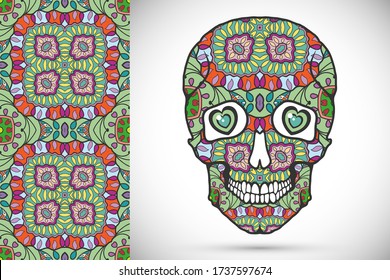 Day of The Dead colorful Sugar Skull with doodle ornament and decorative seamless floral geometric pattern. Hand drawn art background, tattoo, Halloween party card design, textile or paper print