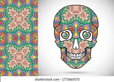 Day of The Dead colorful Sugar Skull with doodle ornament and decorative seamless floral geometric pattern. Hand drawn art background, tattoo, Halloween party card design, textile or paper print