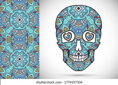 Day of The Dead colorful Sugar Skull with doodle ornament and decorative seamless floral geometric pattern. Hand drawn art background, tattoo, Halloween party card design, textile or paper print