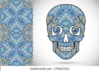 Day of The Dead colorful Sugar Skull with doodle ornament and decorative seamless floral geometric pattern. Hand drawn art background, tattoo, Halloween party card design, textile or paper print