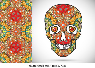 Day of The Dead colorful Sugar Skull with doodle ornament and decorative seamless floral geometric pattern. Hand drawn art background, tattoo, Halloween party card design, textile or paper print