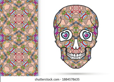 Day of The Dead colorful Sugar Skull with doodle ornament and decorative seamless floral geometric pattern. Hand drawn art background, tattoo, Halloween party card design, textile or paper print