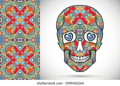 Day of The Dead colorful Sugar Skull with doodle ornament and decorative seamless floral geometric pattern. Hand drawn art background, tattoo, Halloween party card design, textile or paper print