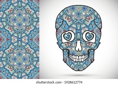 Day of The Dead colorful Sugar Skull with doodle ornament and decorative seamless floral geometric pattern. Hand drawn art background, tattoo, Halloween party card design, textile or paper print