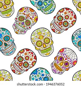 Day of The Dead colorful sugar skull. Halloween seamless pattern with sugar skulls