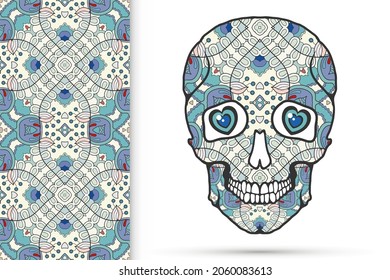 Day of The Dead colorful Sugar Skull with doodle ornament and decorative seamless floral geometric pattern. Hand drawn art background, tattoo, Halloween party card design, textile or paper print