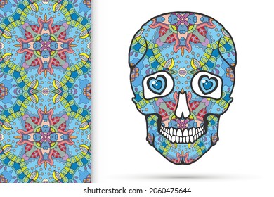 Day of The Dead colorful Sugar Skull with doodle ornament and decorative seamless floral geometric pattern. Hand drawn art background, tattoo, Halloween party card design, textile or paper print